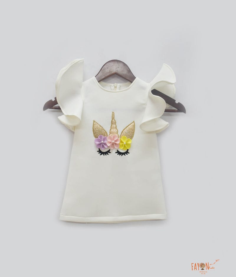 Fayon Kids Off white Neoprene Dress with Unicorn Motif for Girls