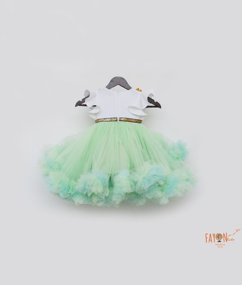 Fayon Kids Off white Neoprene Green Net Flair High Low Dress for Girls