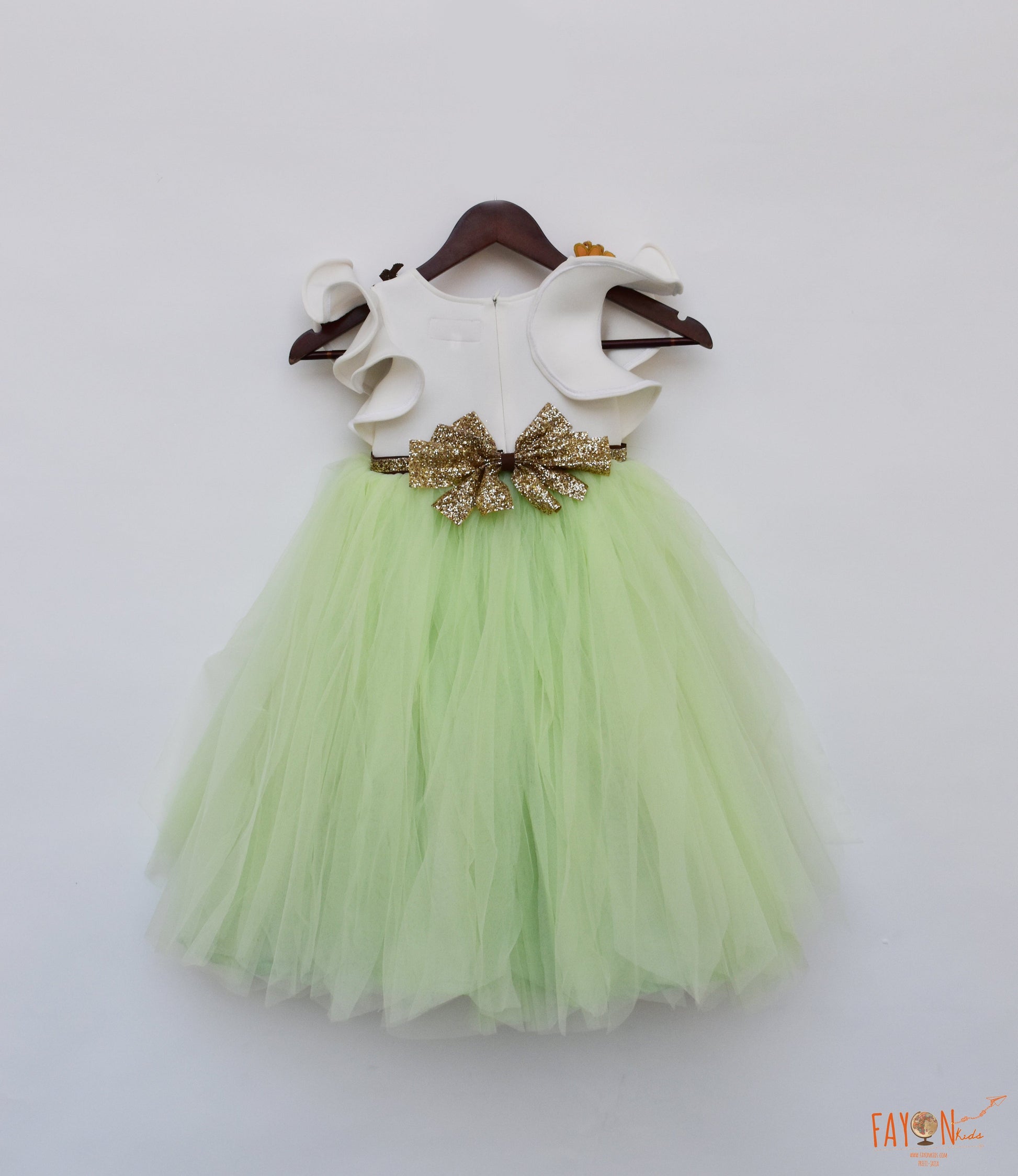 Fayon Kids Off white Neoprene Green Net Gown with Animal Motifs for Girls