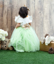Off white Neoprene Green Net Gown with Animal Motifs for Girls