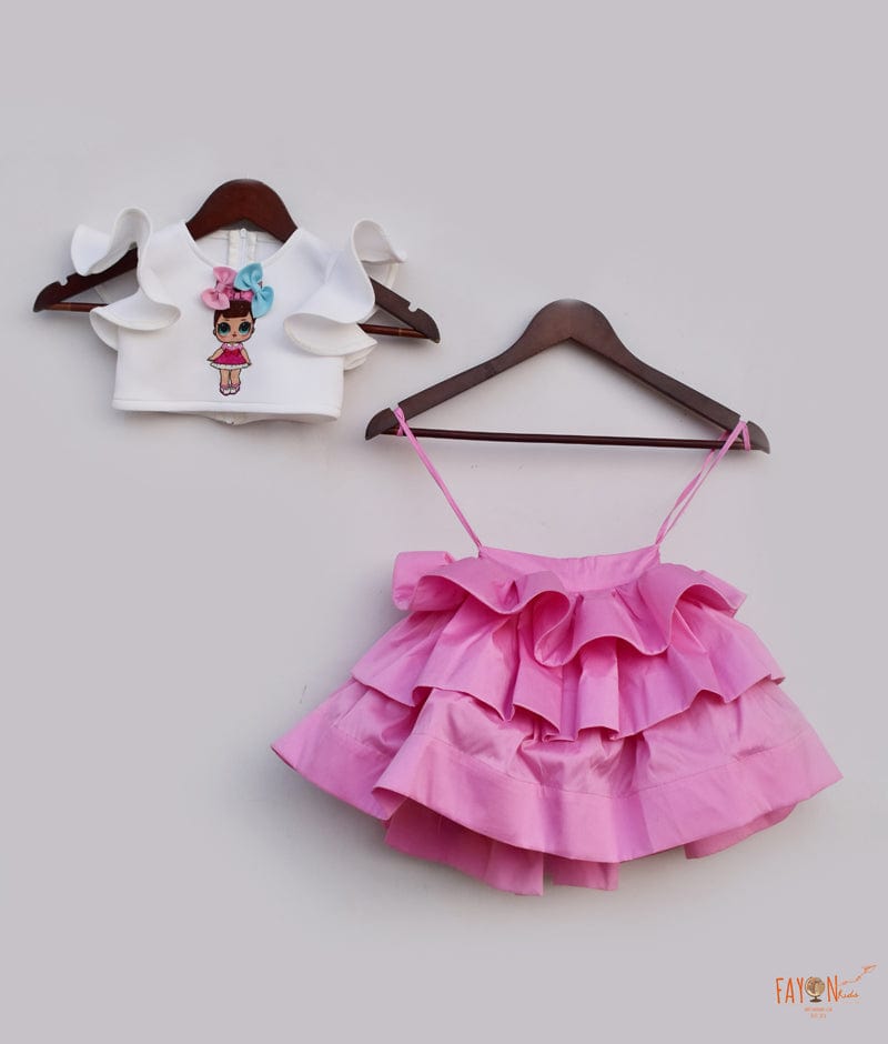 Fayon Kids Off white Neoprene Pink Silk Crop Top with Skirt for Girls