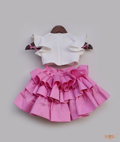 Fayon Kids Off white Neoprene Pink Silk Crop Top with Skirt for Girls