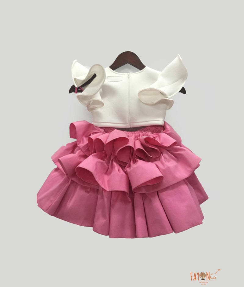 Fayon Kids Off white Neoprene Pink Silk Doll Emblem Crop Top with Skirt for Girls