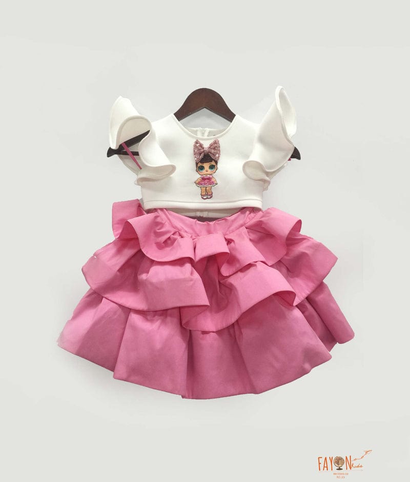 Fayon Kids Off white Neoprene Pink Silk Doll Emblem Crop Top with Skirt for Girls