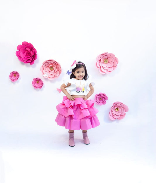 Off white Neoprene Pink Unicorn Top with Skirt for Girls