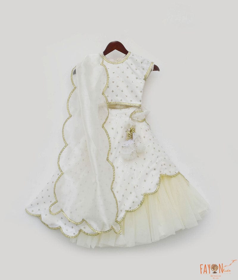Off White Organza Lehenga Choli and Dupatta for Girls