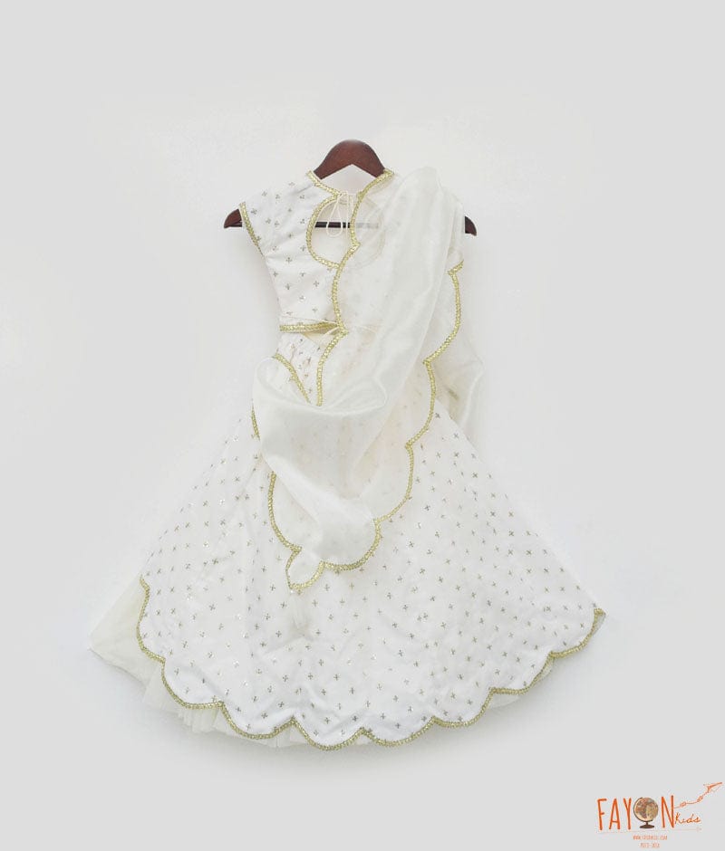 Off White Organza Lehenga Choli and Dupatta for Girls