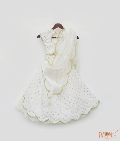 Off White Organza Lehenga Choli and Dupatta for Girls