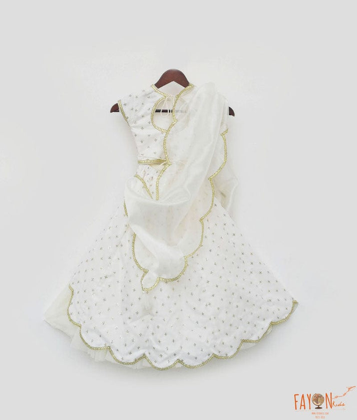 Off White Organza Lehenga Choli and Dupatta for Girls