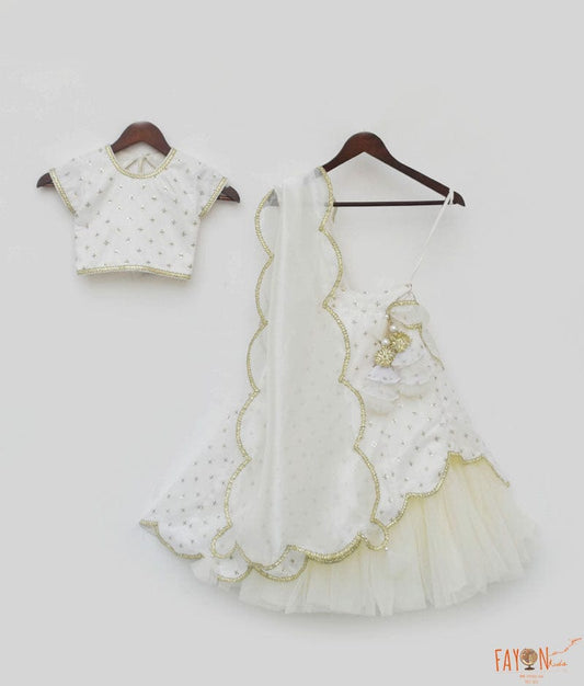 Off White Organza Lehenga Choli and Dupatta for Girls
