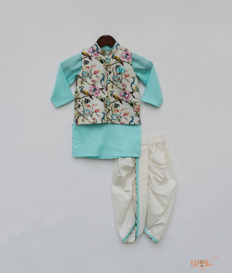 Off white Printed Jacket with Blue Kurta Dhoti for Boys