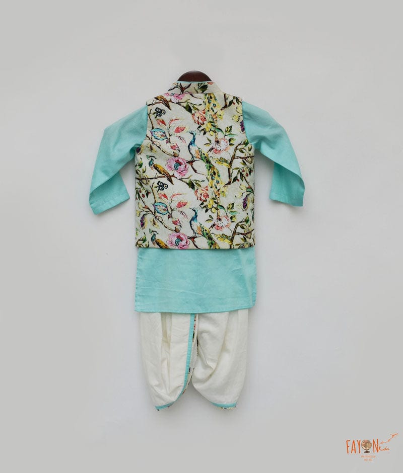 Off white Printed Jacket with Blue Kurta Dhoti for Boys