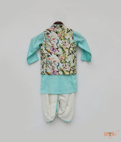 Off white Printed Jacket with Blue Kurta Dhoti for Boys