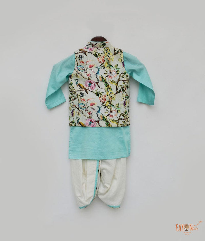 Off white Printed Jacket with Blue Kurta Dhoti for Boys