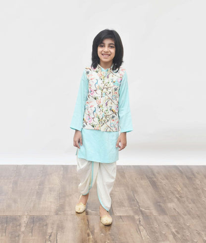 Off white Printed Jacket with Blue Kurta Dhoti for Boys