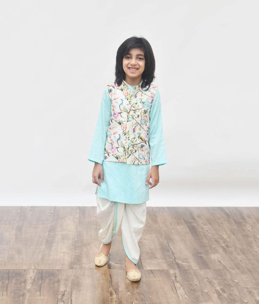 Off white Printed Jacket with Blue Kurta Dhoti for Boys