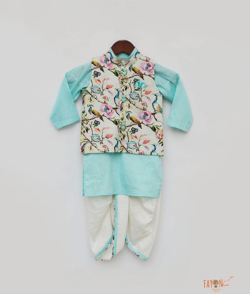 Off white Printed Jacket with Blue Kurta Dhoti for Boys