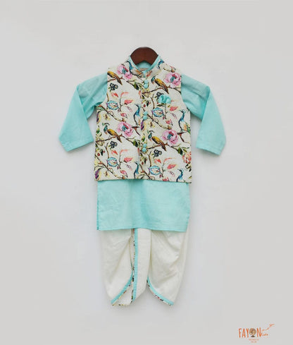 Off white Printed Jacket with Blue Kurta Dhoti for Boys