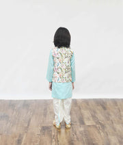Off white Printed Jacket with Blue Kurta Dhoti for Boys