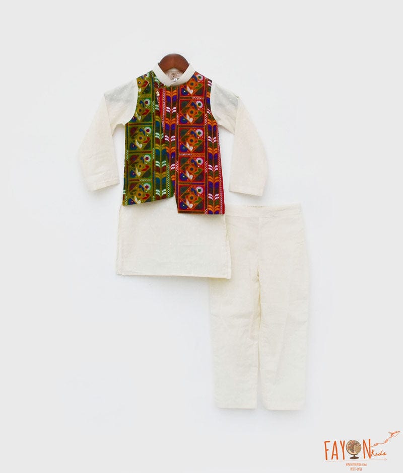 Fayon Kids Off white Self Kurta Jacket and Pant for Boys