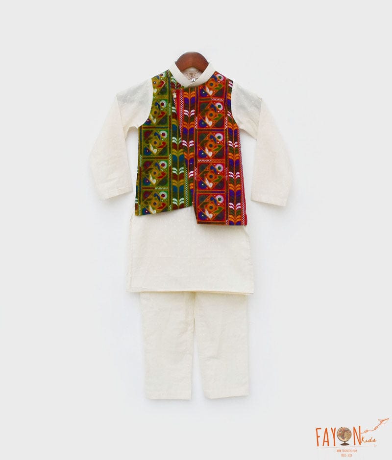 Fayon Kids Off white Self Kurta Jacket and Pant for Boys