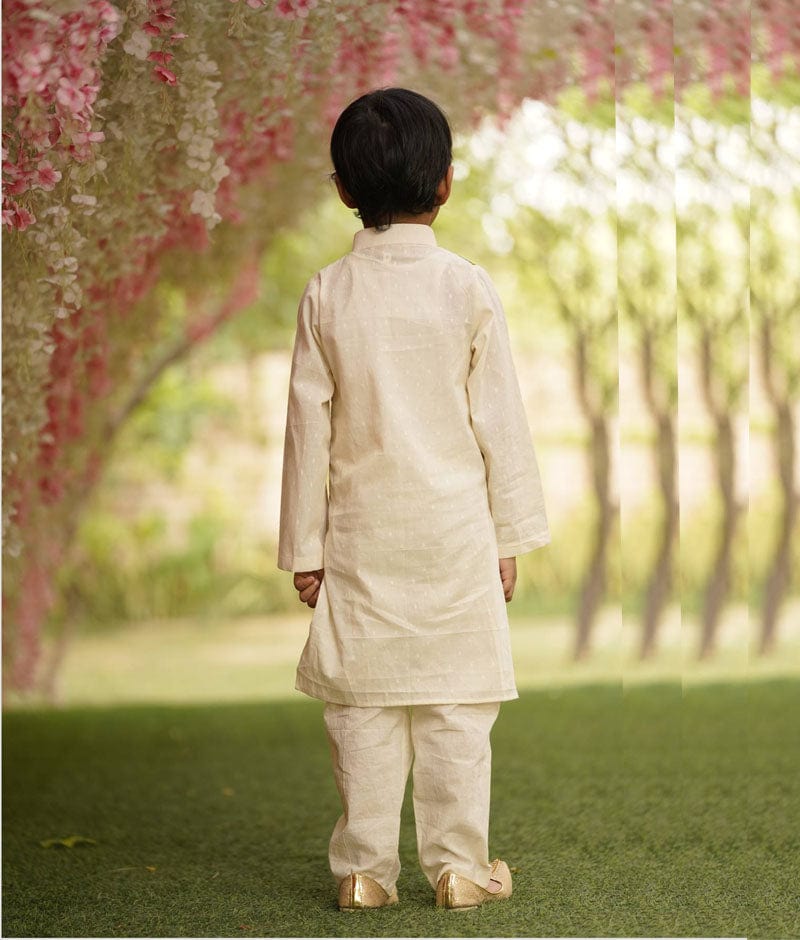 Fayon Kids Off white Self Kurta Jacket and Pant for Boys