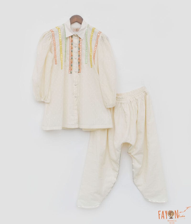 Off white Self Kurti and Dhoti for Girls