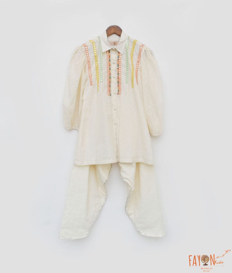 Off white Self Kurti and Dhoti for Girls
