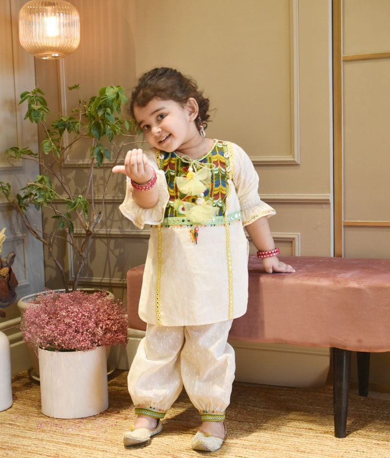 Fayon Kids Off white Self Kurti and Salwar for Girls