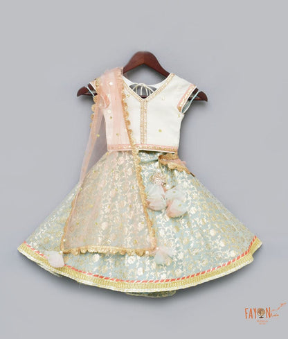 Off white Sequins Light Blue Brocade Lehenga with Choli Boti Net Dupatta for Girls