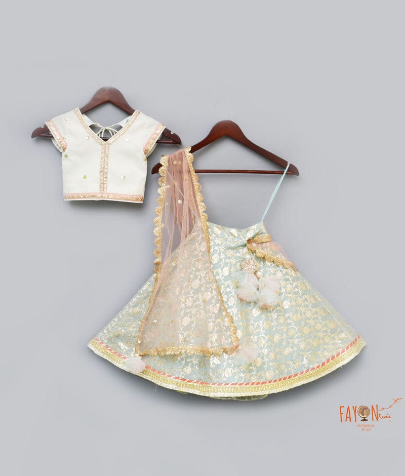 Fayon Kids Off white Sequins Light Blue Brocade Lehenga with Choli Boti Net Dupatta for Girls
