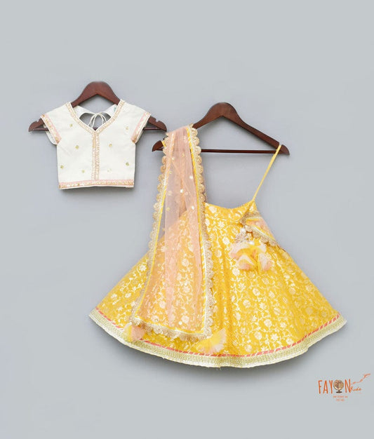 Fayon Kids Off white Sequins Yellow Brocade Lehenga with Choli Boti Net Dupatta for Girls