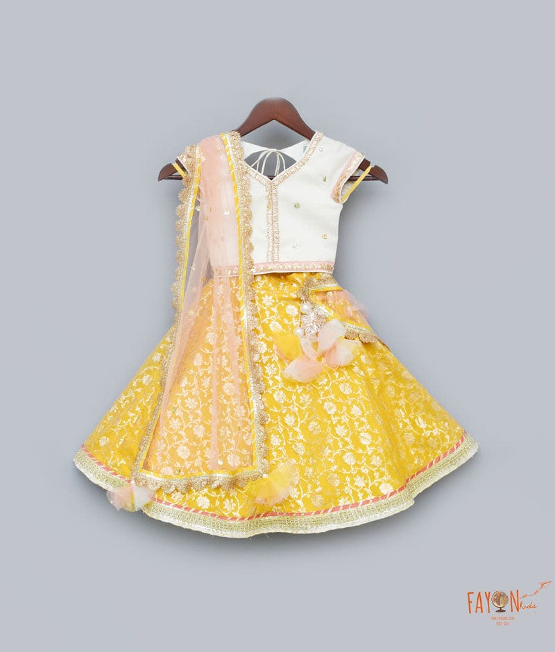 Fayon Kids Off white Sequins Yellow Brocade Lehenga with Choli Boti Net Dupatta for Girls