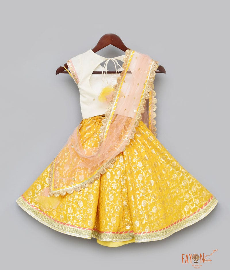 Fayon Kids Off white Sequins Yellow Brocade Lehenga with Choli Boti Net Dupatta for Girls