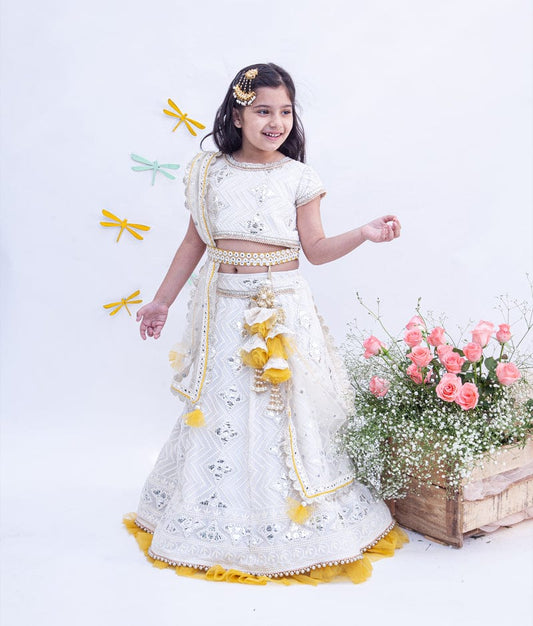 Off white Thread and Gota Embroidery Lehenga with Choli Boti Net Dupatta for Girls