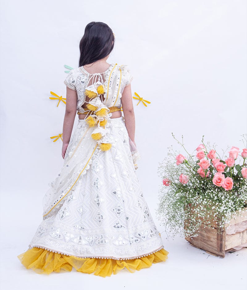 Fayon Kids Off white Thread and Gota Embroidery Lehenga with Choli Boti Net Dupatta for Girls