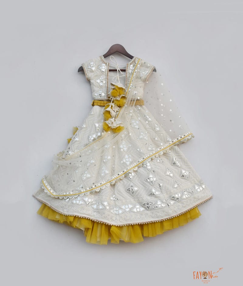 Fayon Kids Off white Thread and Gota Embroidery Lehenga with Choli Boti Net Dupatta for Girls