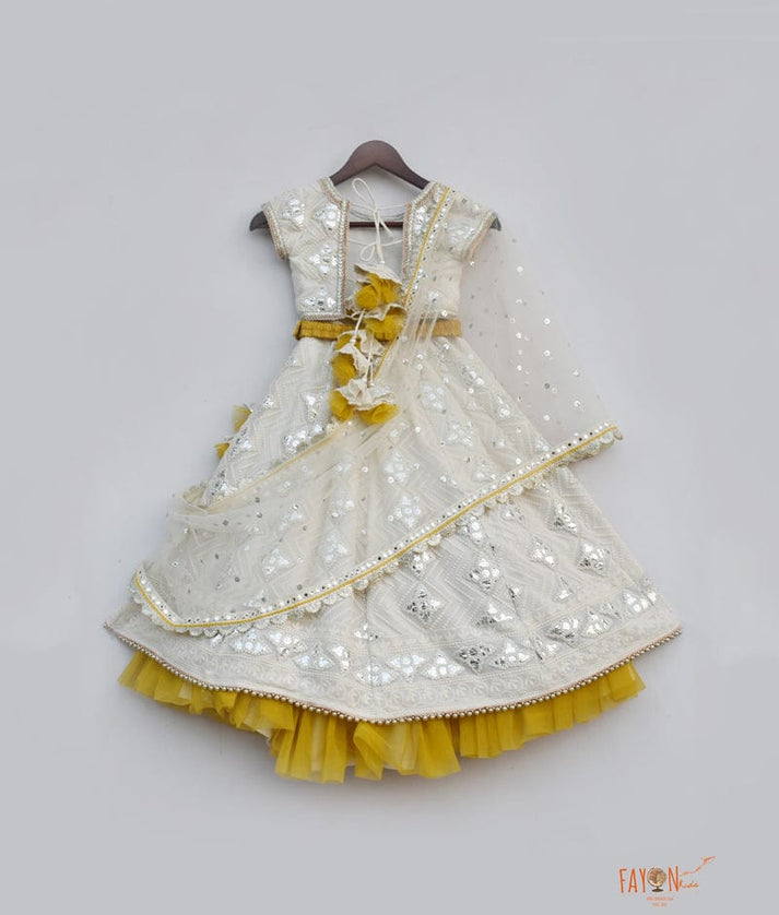 Off white Thread and Gota Embroidery Lehenga with Choli Boti Net Dupatta for Girls