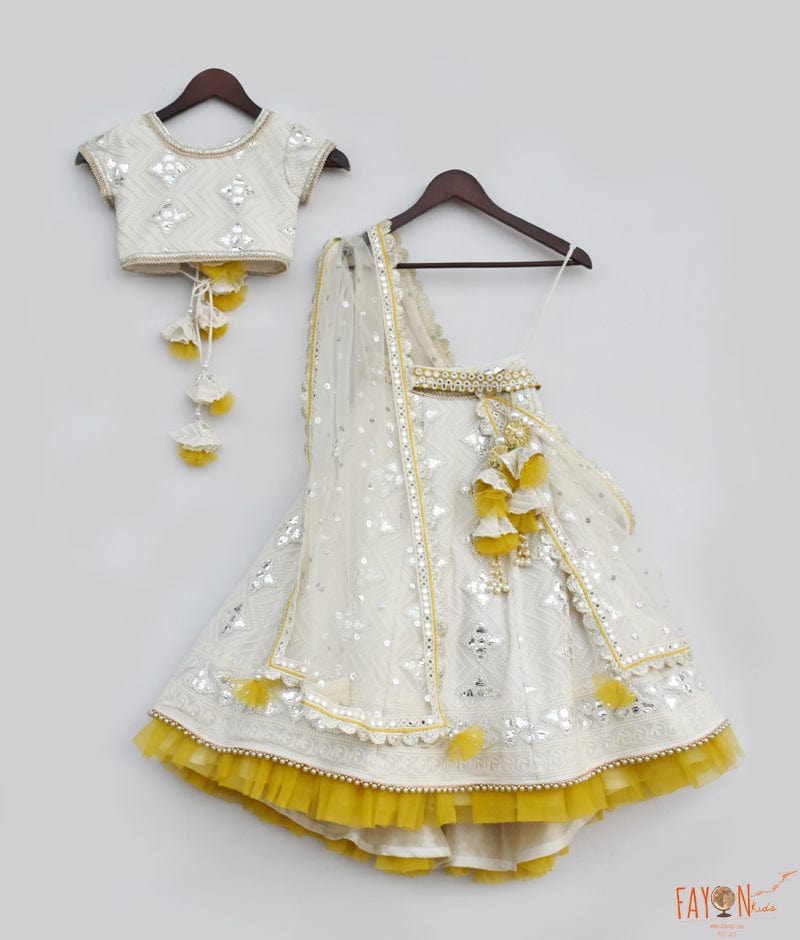 Fayon Kids Off white Thread and Gota Embroidery Lehenga with Choli Boti Net Dupatta for Girls