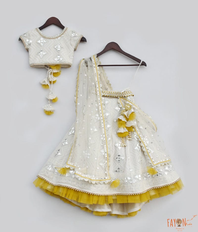 Off white Thread and Gota Embroidery Lehenga with Choli Boti Net Dupatta for Girls