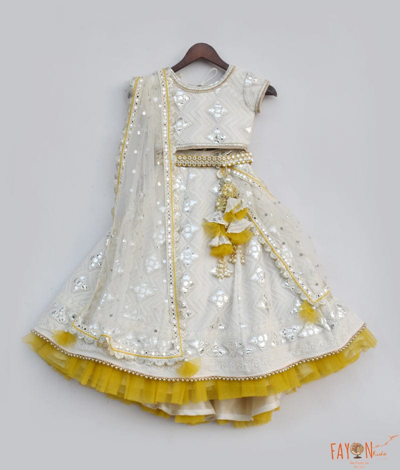 Off white Thread and Gota Embroidery Lehenga with Choli Boti Net Dupatta for Girls