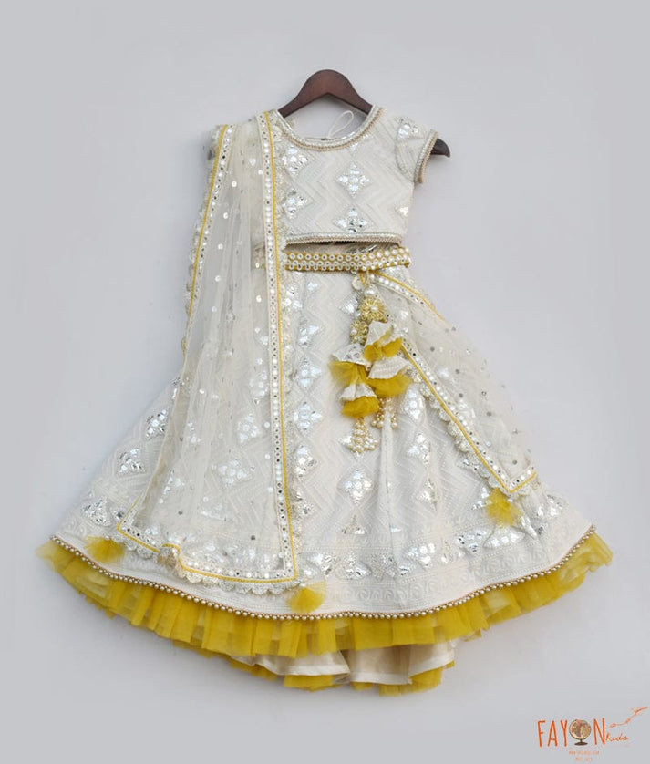 Off white Thread and Gota Embroidery Lehenga with Choli Boti Net Dupatta for Girls