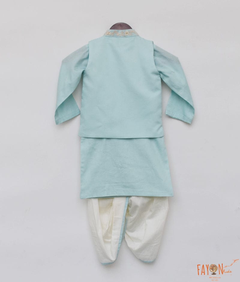 Fayon Kids Off white Thread Embroidery Jacket and Blue Kurta Dhoti for Boys