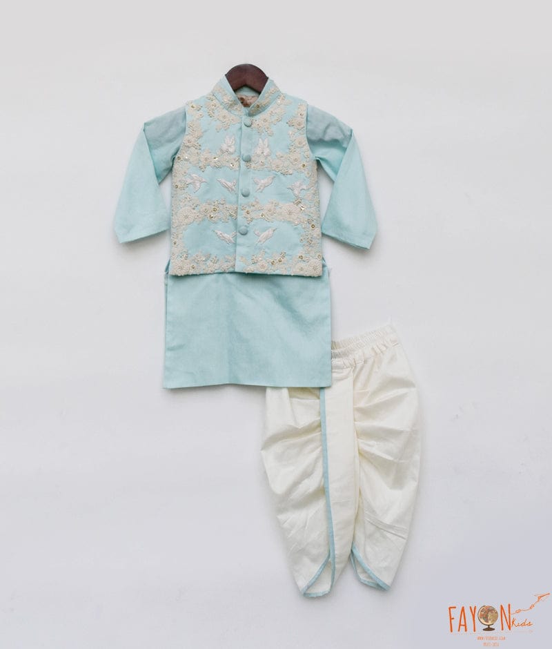 Fayon Kids Off white Thread Embroidery Jacket and Blue Kurta Dhoti for Boys