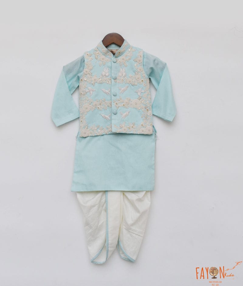 Off white Thread Embroidery Jacket and Blue Kurta Dhoti for Boys