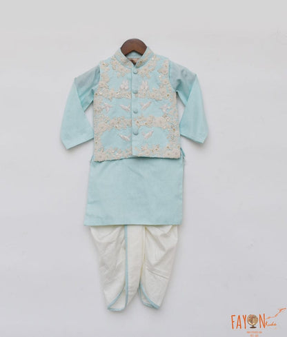 Off white Thread Embroidery Jacket and Blue Kurta Dhoti for Boys
