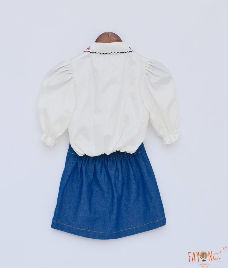 Fayon Kids Off white Top Denim Skirt for Girls