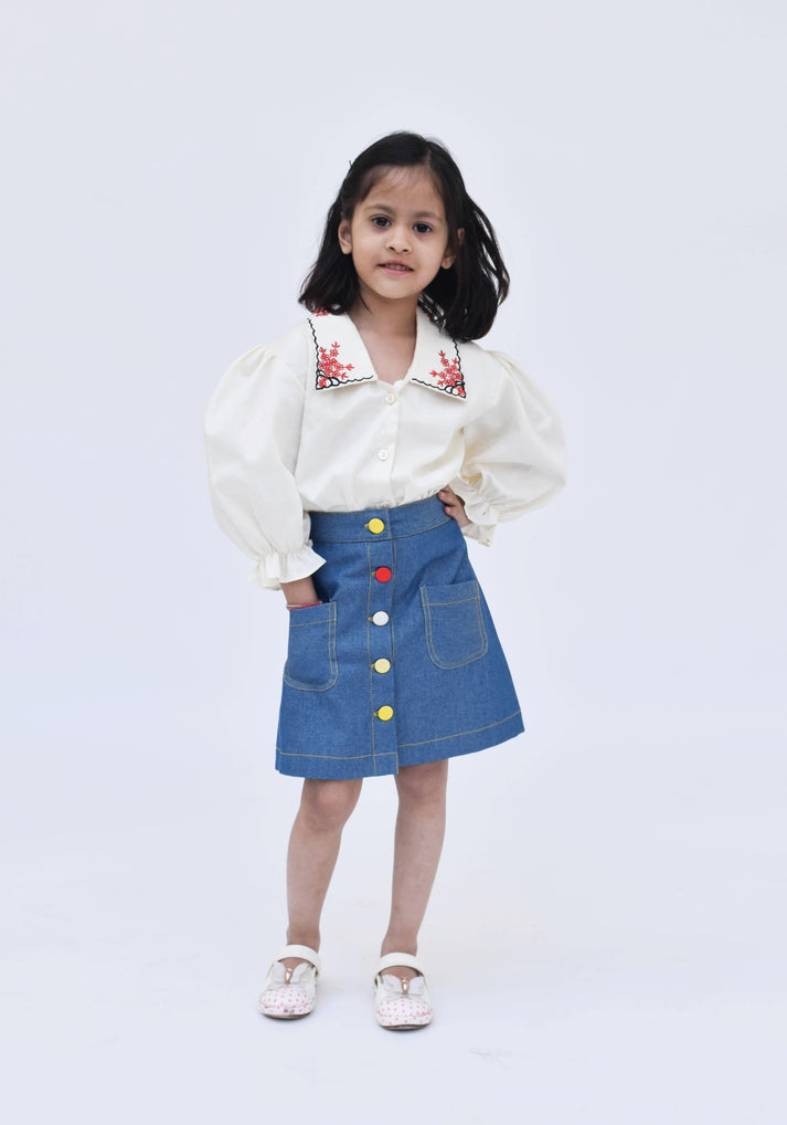 Off white Top Denim Skirt for Girls
