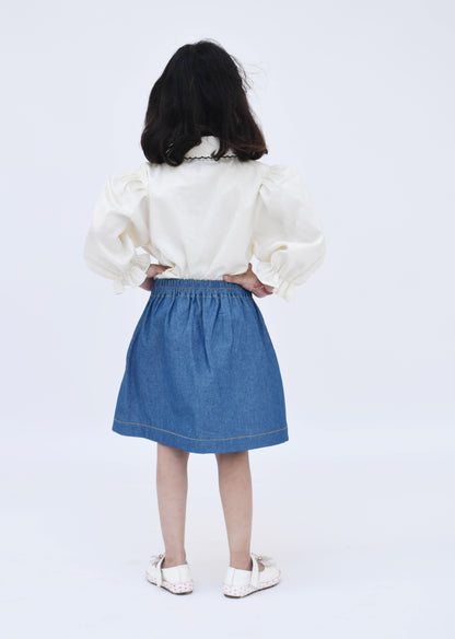 Fayon Kids Off white Top Denim Skirt for Girls