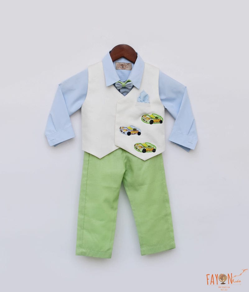 Fayon Kids Off white Waist Coat and Blue Shirt Green Pant for Boys